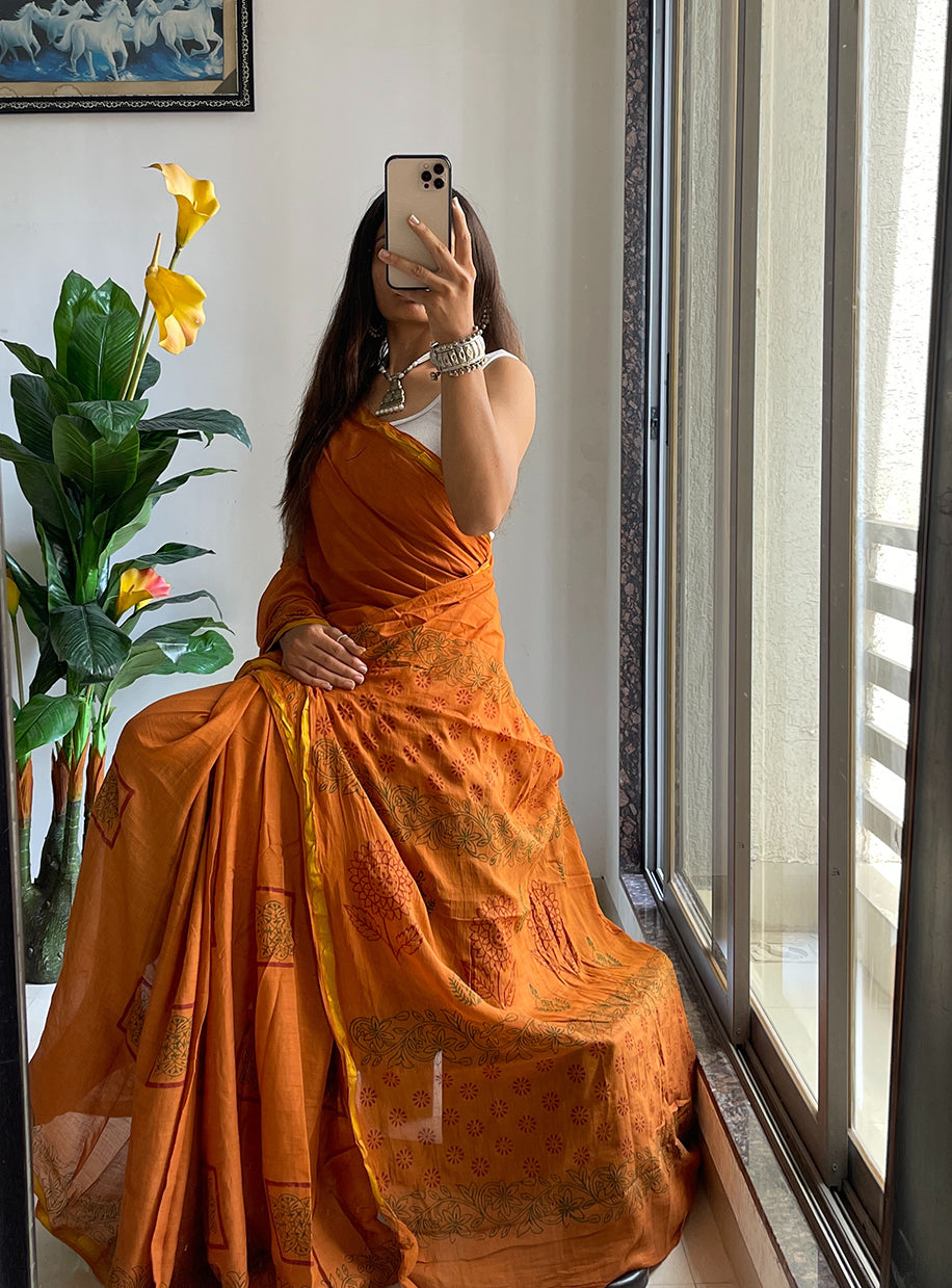 HAND BLOCK3 SOFT MASLIN COTTON WITH HEVY ZARI BODAR YELLOW SAREE