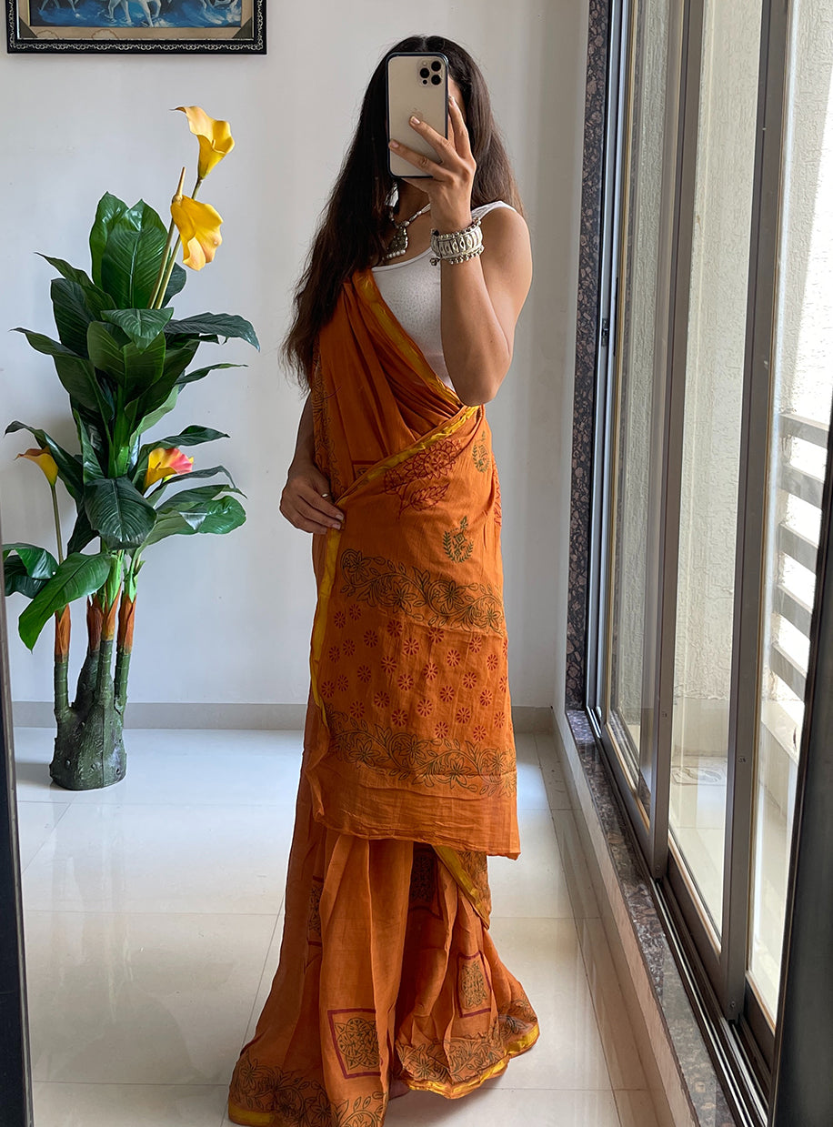 HAND BLOCK3 SOFT MASLIN COTTON WITH HEVY ZARI BODAR YELLOW SAREE