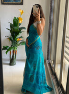 HAND BLOCK5 SOFT MASLIN COTTON WITH HEVY ZARI BODAR SKY BLUE SAREE
