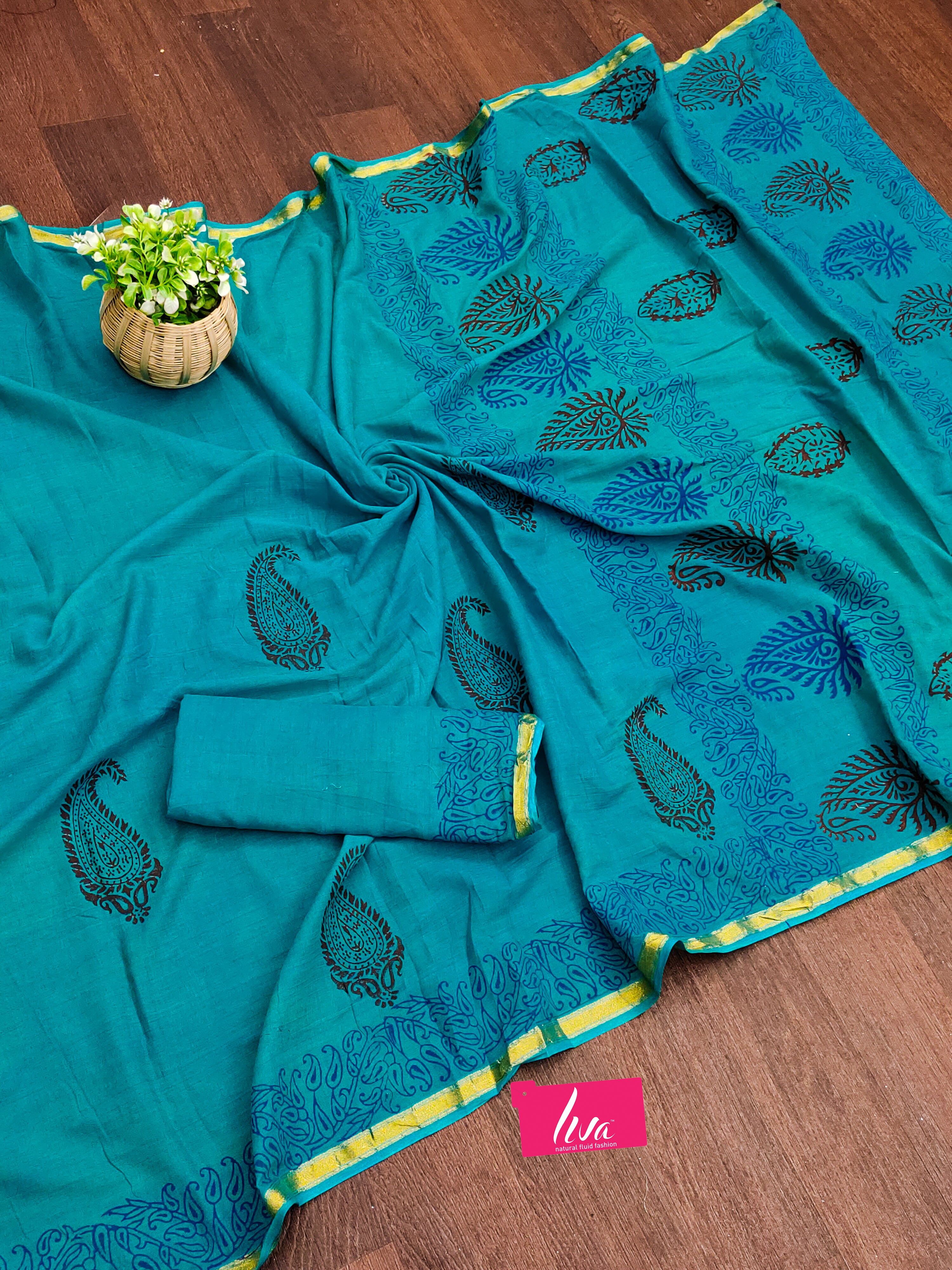 HAND BLOCK5 SOFT MASLIN COTTON WITH HEVY ZARI BODAR SKY BLUE SAREE