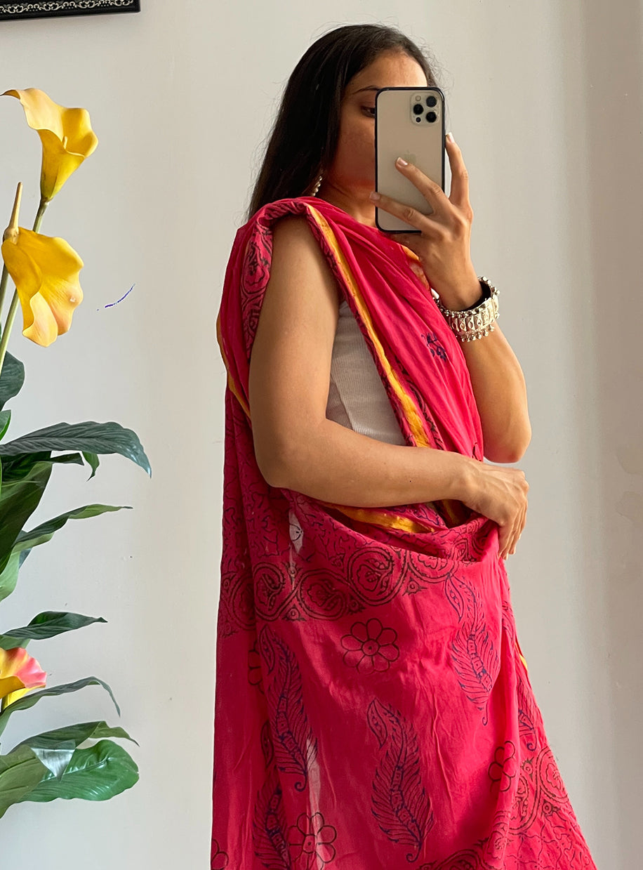 HAND BLOCK6 SOFT MASLIN COTTON WITH HEVY ZARI BODAR PINK SAREE