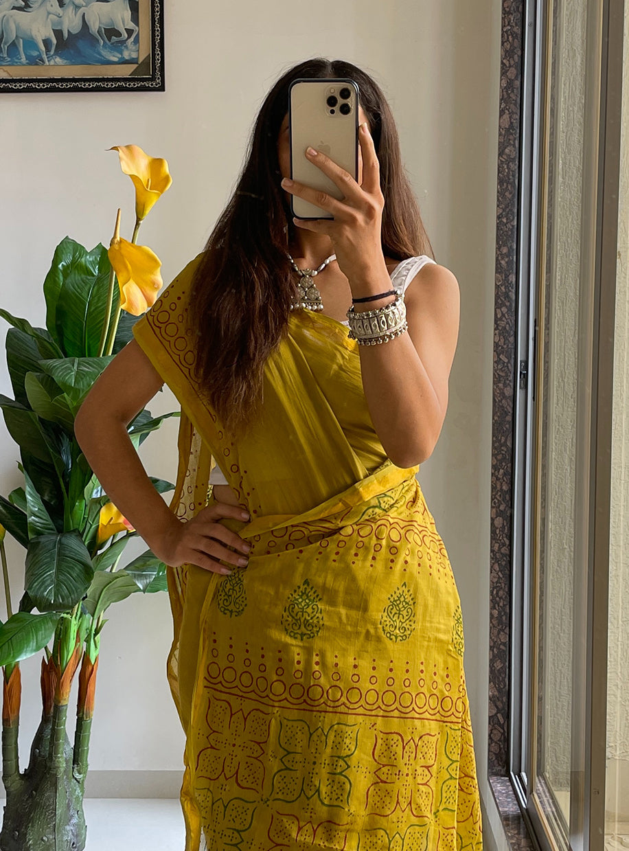 HAND BLOCK7 SOFT MASLIN COTTON WITH HEVY ZARI BODAR MEHANDI GREEN SAREE