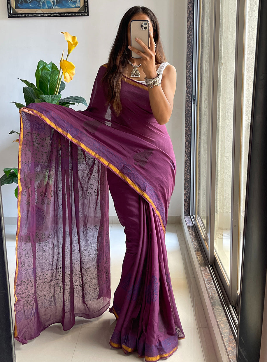 HAND BLOCK8 SOFT MASLIN COTTON WITH HEVY ZARI BODAR PURPLE SAREE