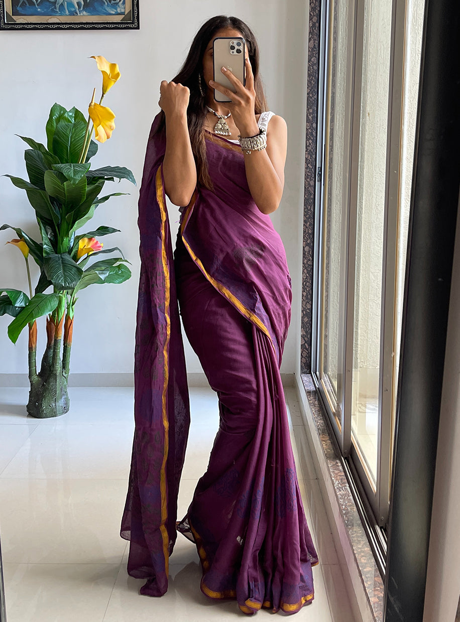 HAND BLOCK8 SOFT MASLIN COTTON WITH HEVY ZARI BODAR PURPLE SAREE