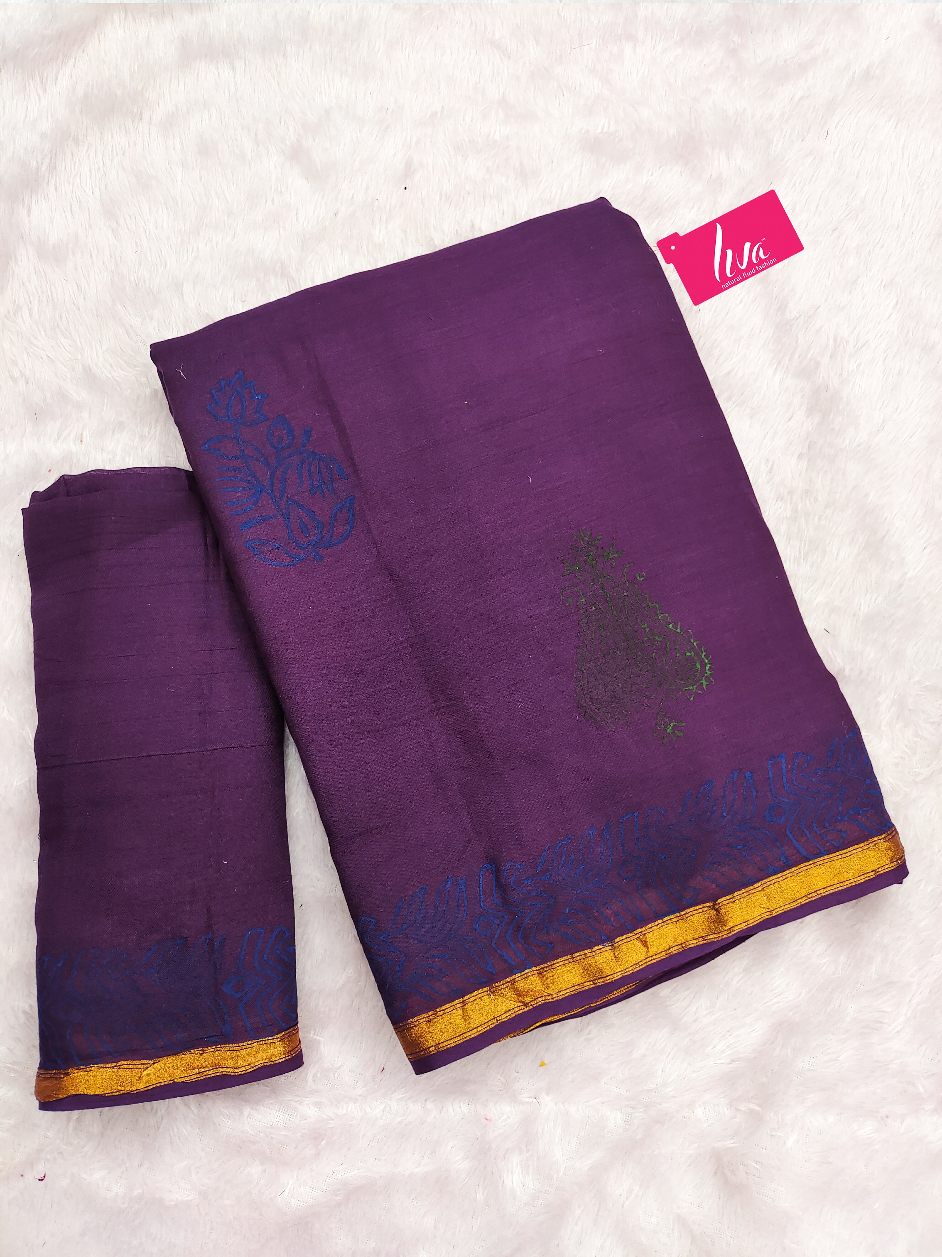 HAND BLOCK8 SOFT MASLIN COTTON WITH HEVY ZARI BODAR PURPLE SAREE