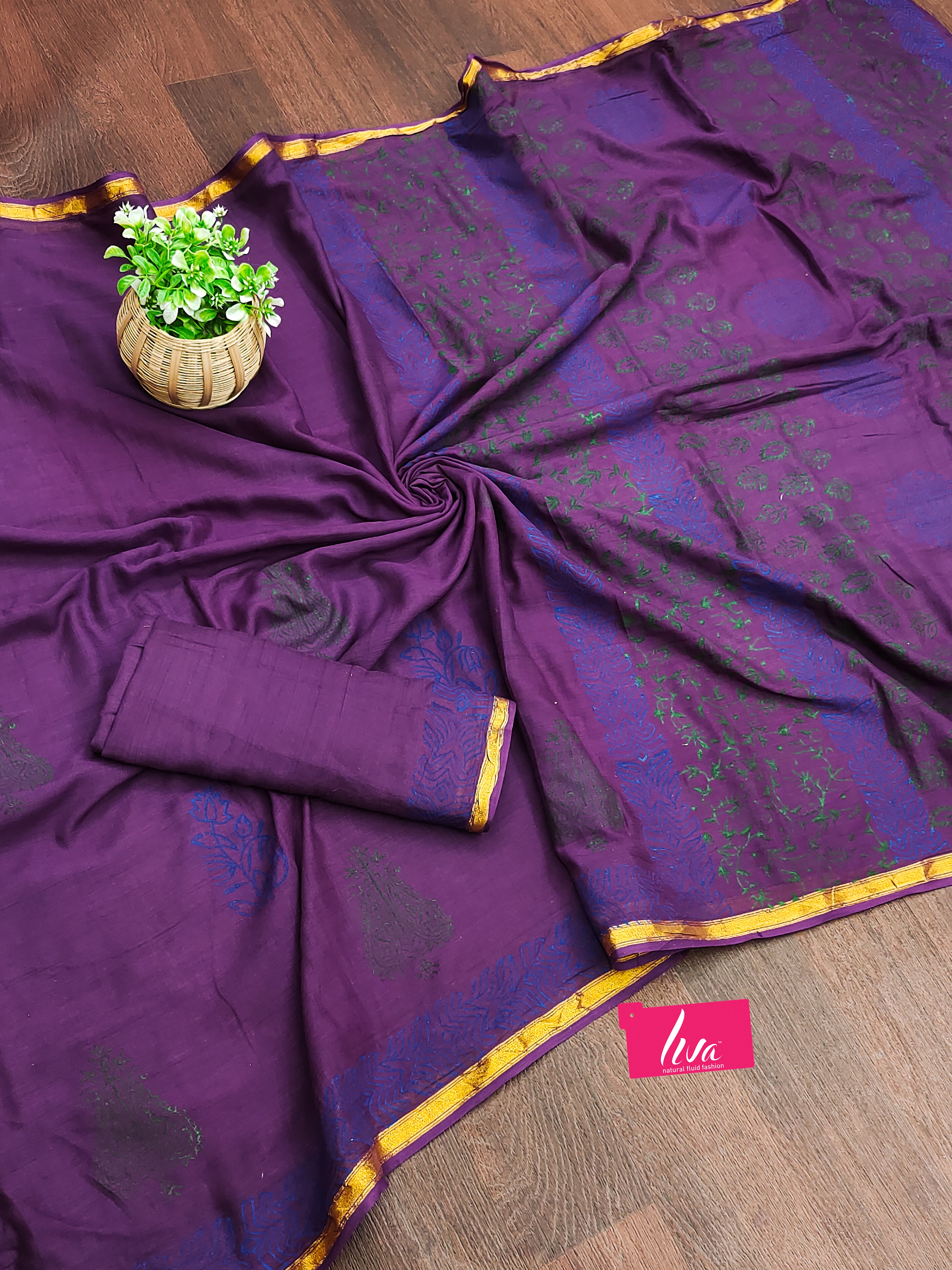 HAND BLOCK8 SOFT MASLIN COTTON WITH HEVY ZARI BODAR PURPLE SAREE