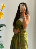 HAND BLOCK9 SOFT MASLIN COTTON WITH HEVY ZARI BODAR GREEN SAREE