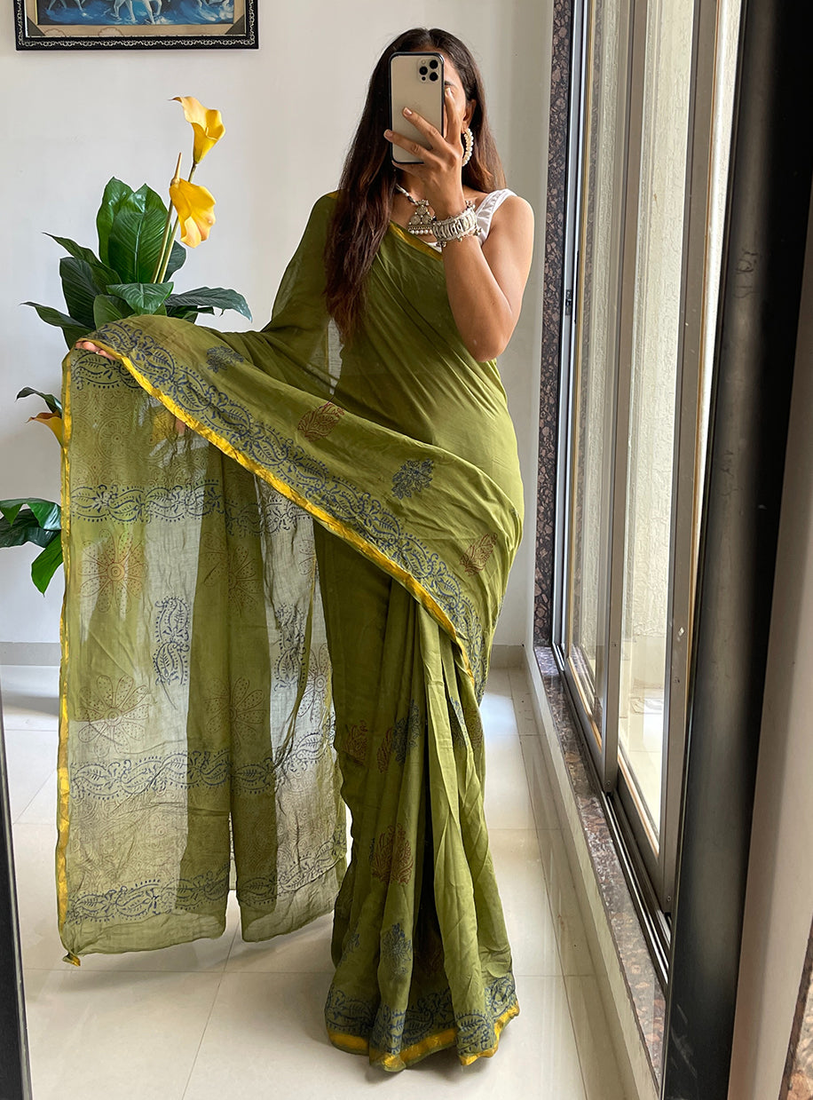 HAND BLOCK9 SOFT MASLIN COTTON WITH HEVY ZARI BODAR GREEN SAREE