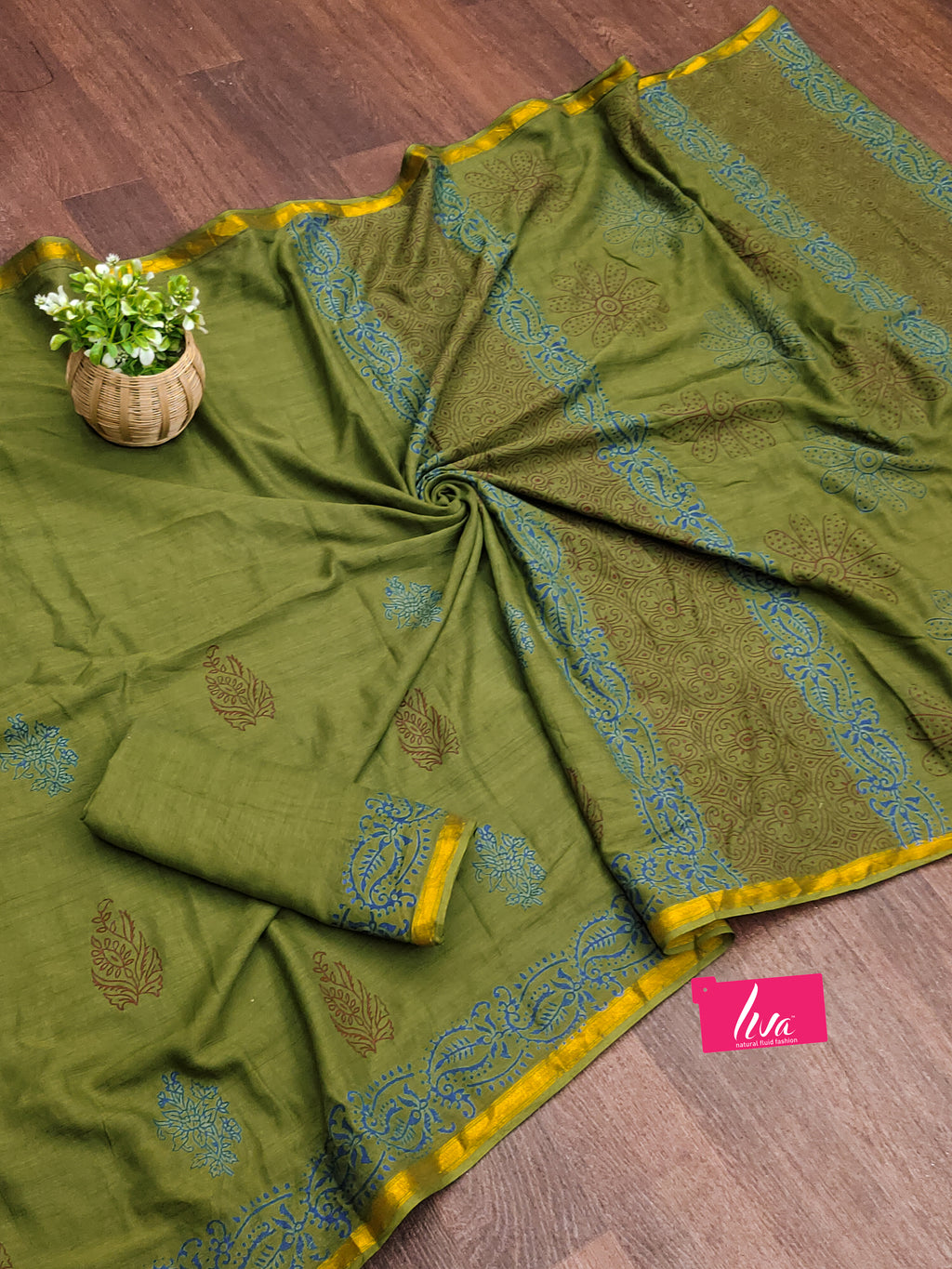 HAND BLOCK9 SOFT MASLIN COTTON WITH HEVY ZARI BODAR GREEN SAREE