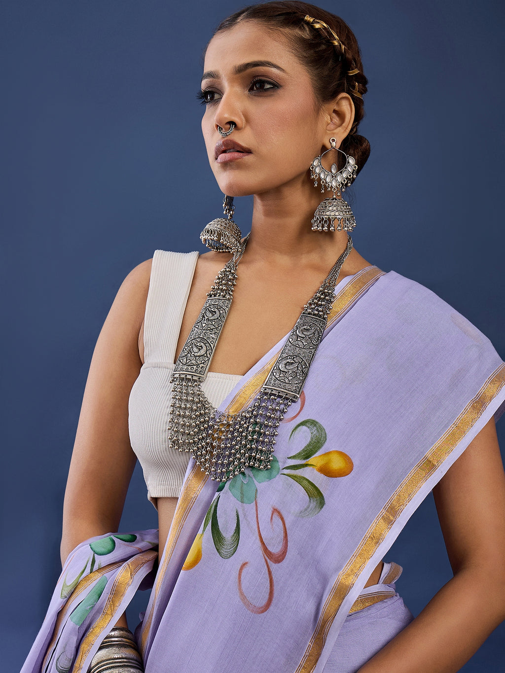 PANIHARI HAND PAINT10 SOFT MASLIN COTTON WITH HEVY ZARI BODAR PURPLE SAREE