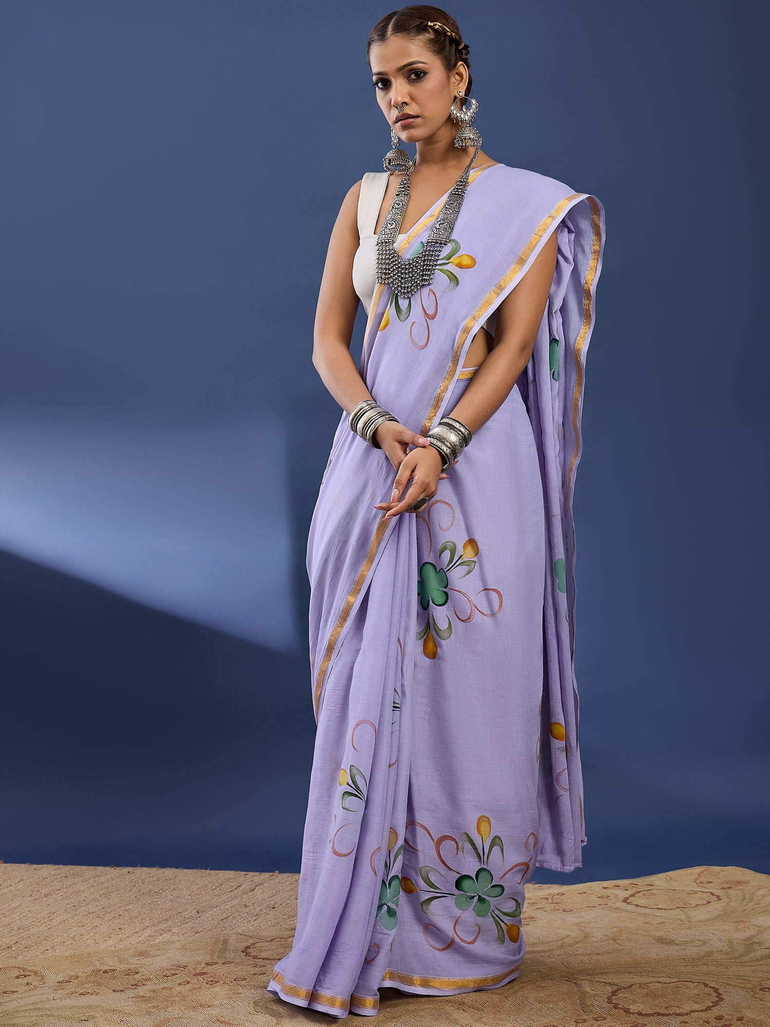 PANIHARI HAND PAINT10 SOFT MASLIN COTTON WITH HEVY ZARI BODAR PURPLE SAREE