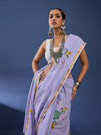 PANIHARI HAND PAINT10 SOFT MASLIN COTTON WITH HEVY ZARI BODAR PURPLE SAREE