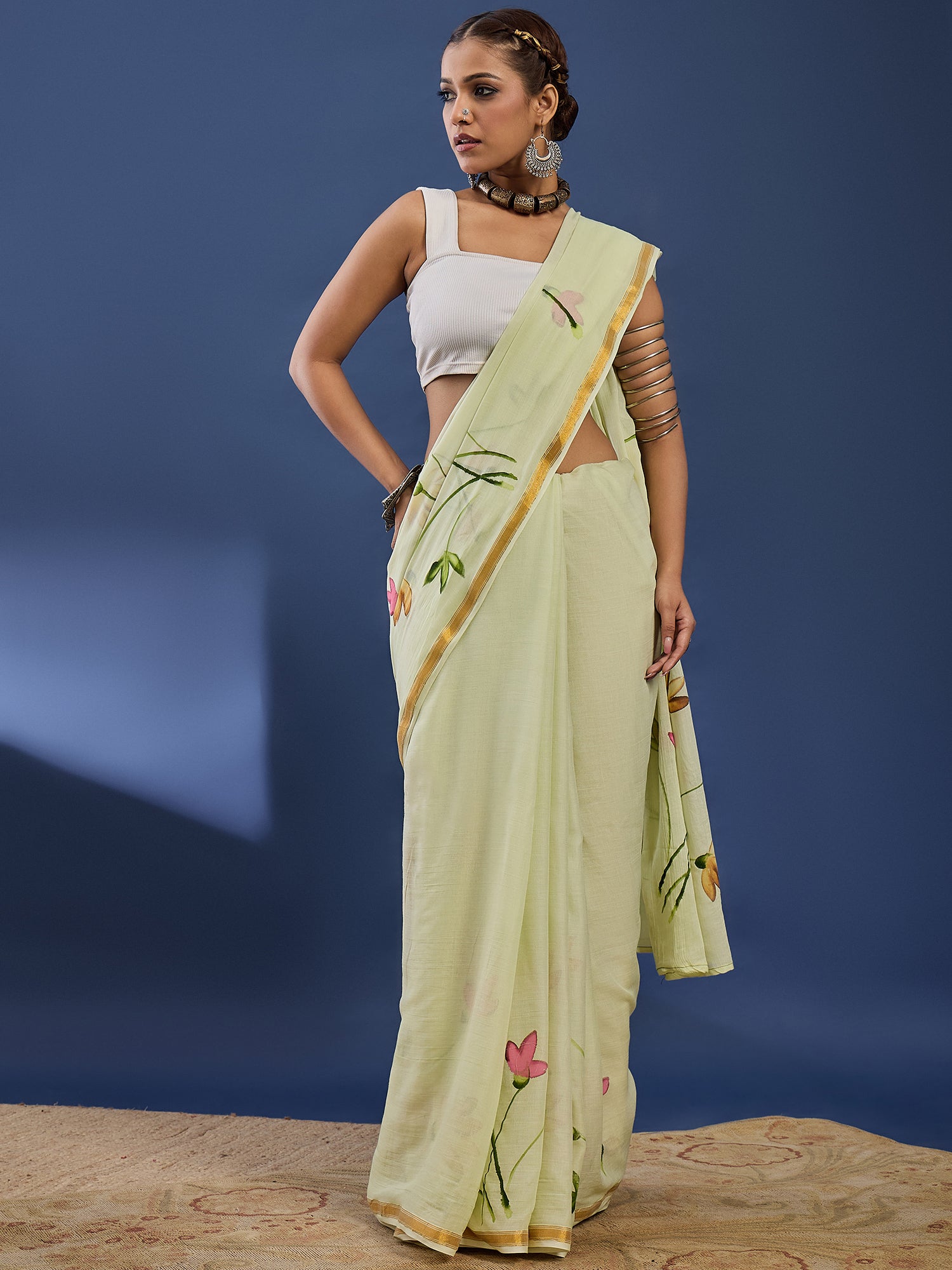 PANIHARI HAND PAINT1 SOFT MASLIN COTTON WITH HEVY ZARI BODAR MEHANDI GREEN SAREE