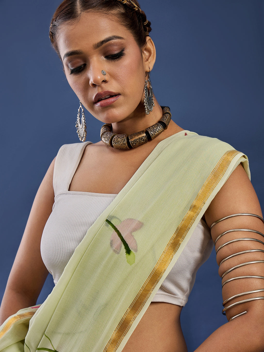 PANIHARI HAND PAINT1 SOFT MASLIN COTTON WITH HEVY ZARI BODAR MEHANDI GREEN SAREE