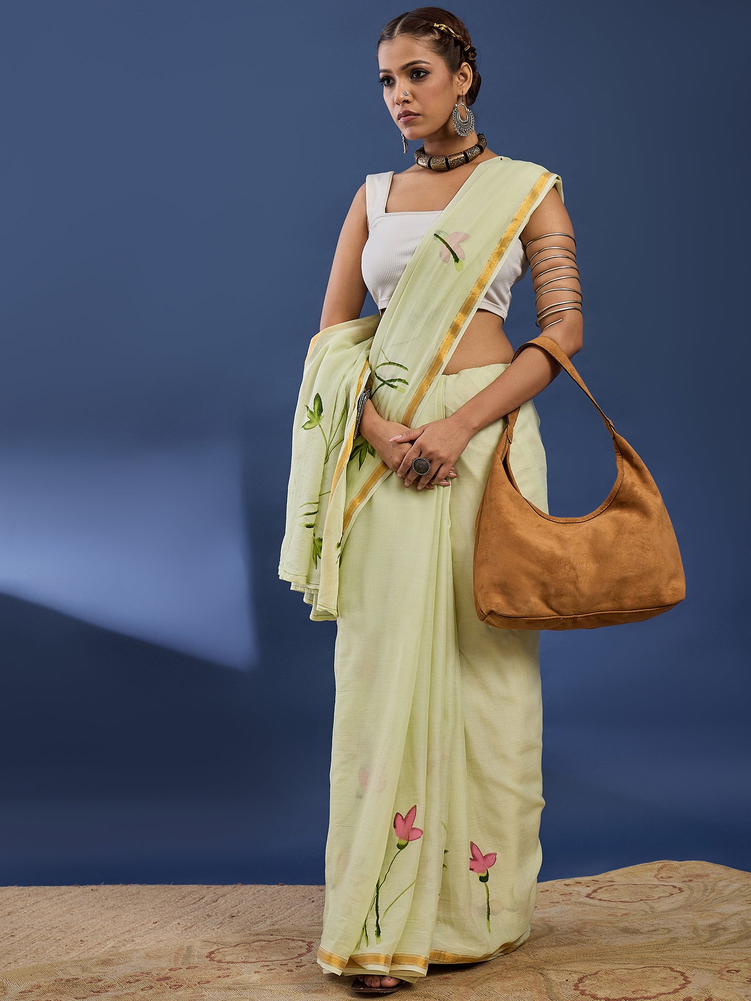 PANIHARI HAND PAINT1 SOFT MASLIN COTTON WITH HEVY ZARI BODAR MEHANDI GREEN SAREE