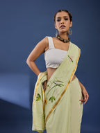 PANIHARI HAND PAINT1 SOFT MASLIN COTTON WITH HEVY ZARI BODAR MEHANDI GREEN SAREE