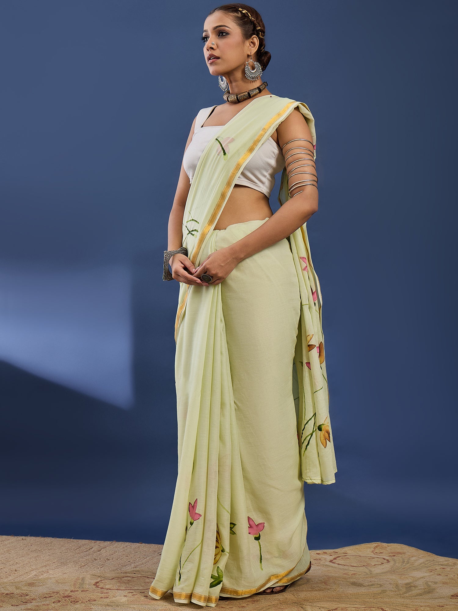 PANIHARI HAND PAINT1 SOFT MASLIN COTTON WITH HEVY ZARI BODAR MEHANDI GREEN SAREE