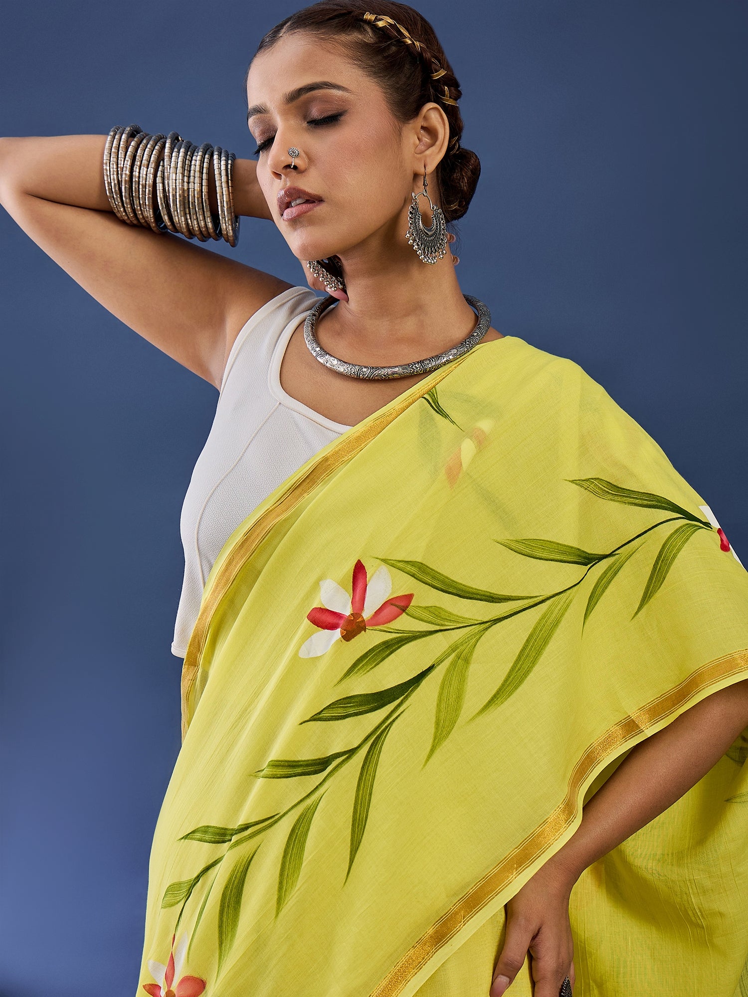 PANIHARI HAND PAINT3 SOFT MASLIN COTTON WITH HEVY ZARI BODAR YELLOW SAREE