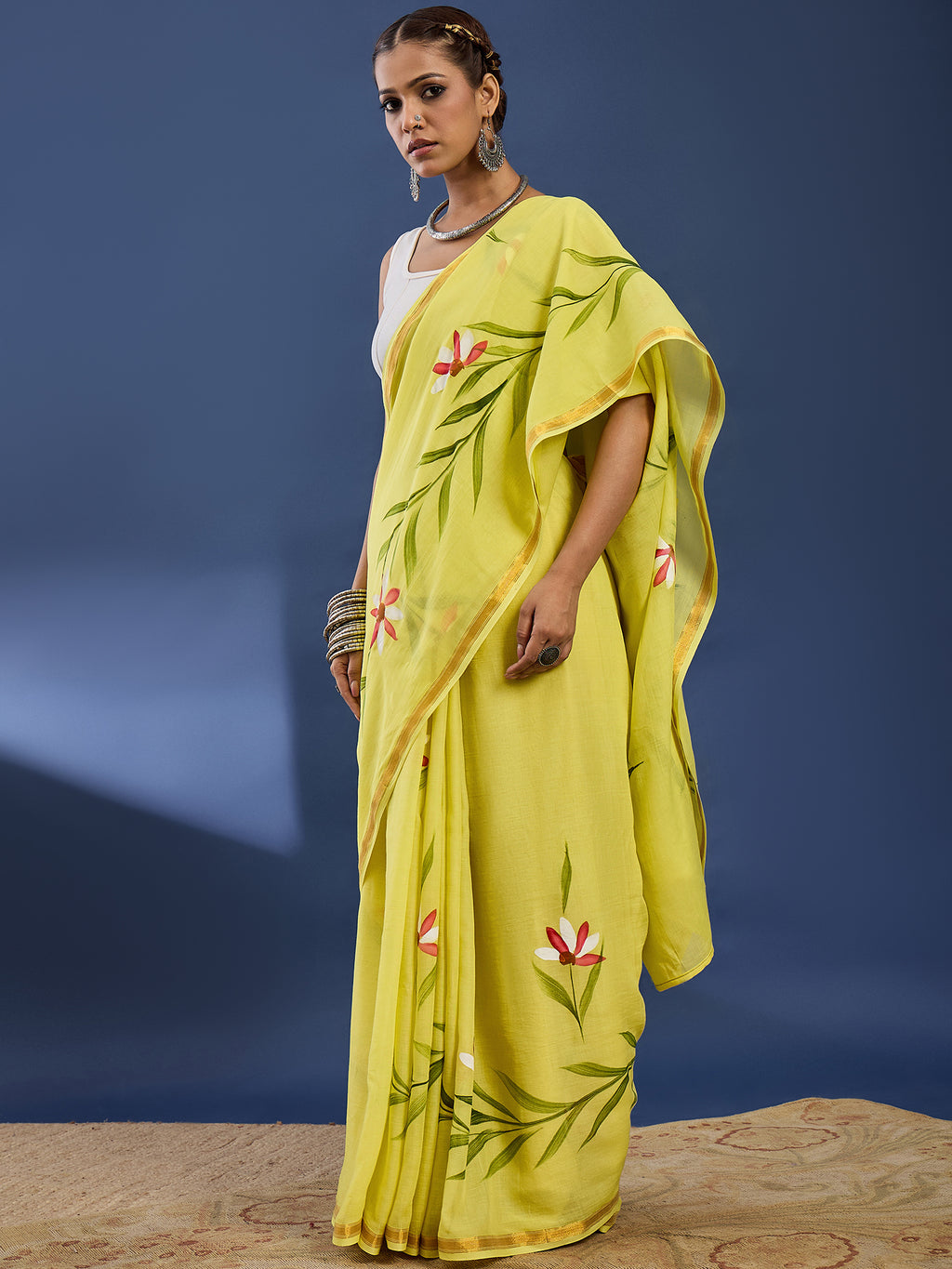 PANIHARI HAND PAINT3 SOFT MASLIN COTTON WITH HEVY ZARI BODAR YELLOW SAREE