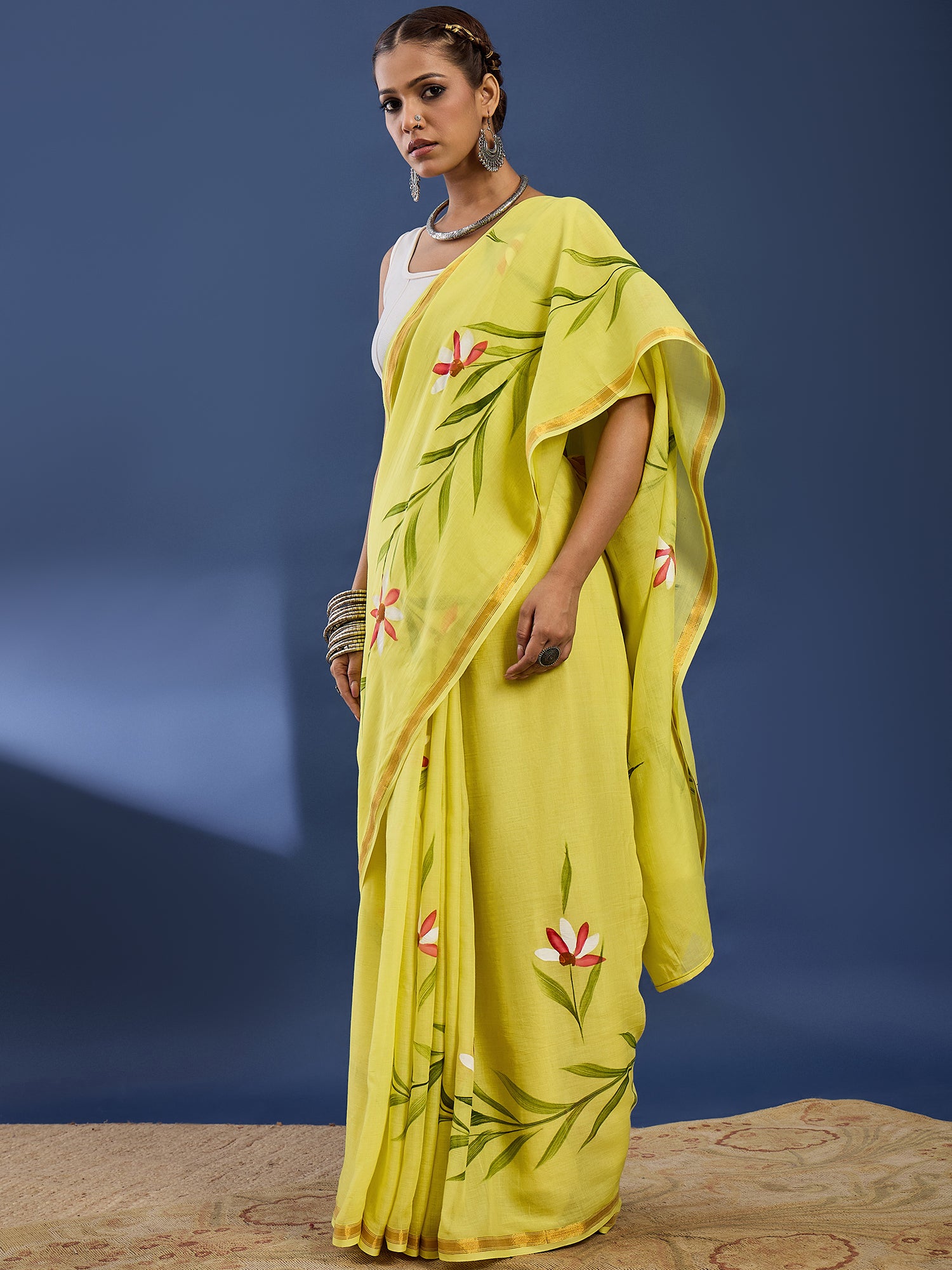 PANIHARI HAND PAINT3 SOFT MASLIN COTTON WITH HEVY ZARI BODAR YELLOW SAREE