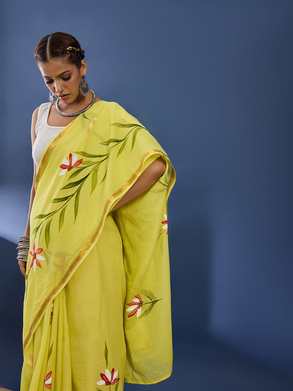 PANIHARI HAND PAINT3 SOFT MASLIN COTTON WITH HEVY ZARI BODAR YELLOW SAREE