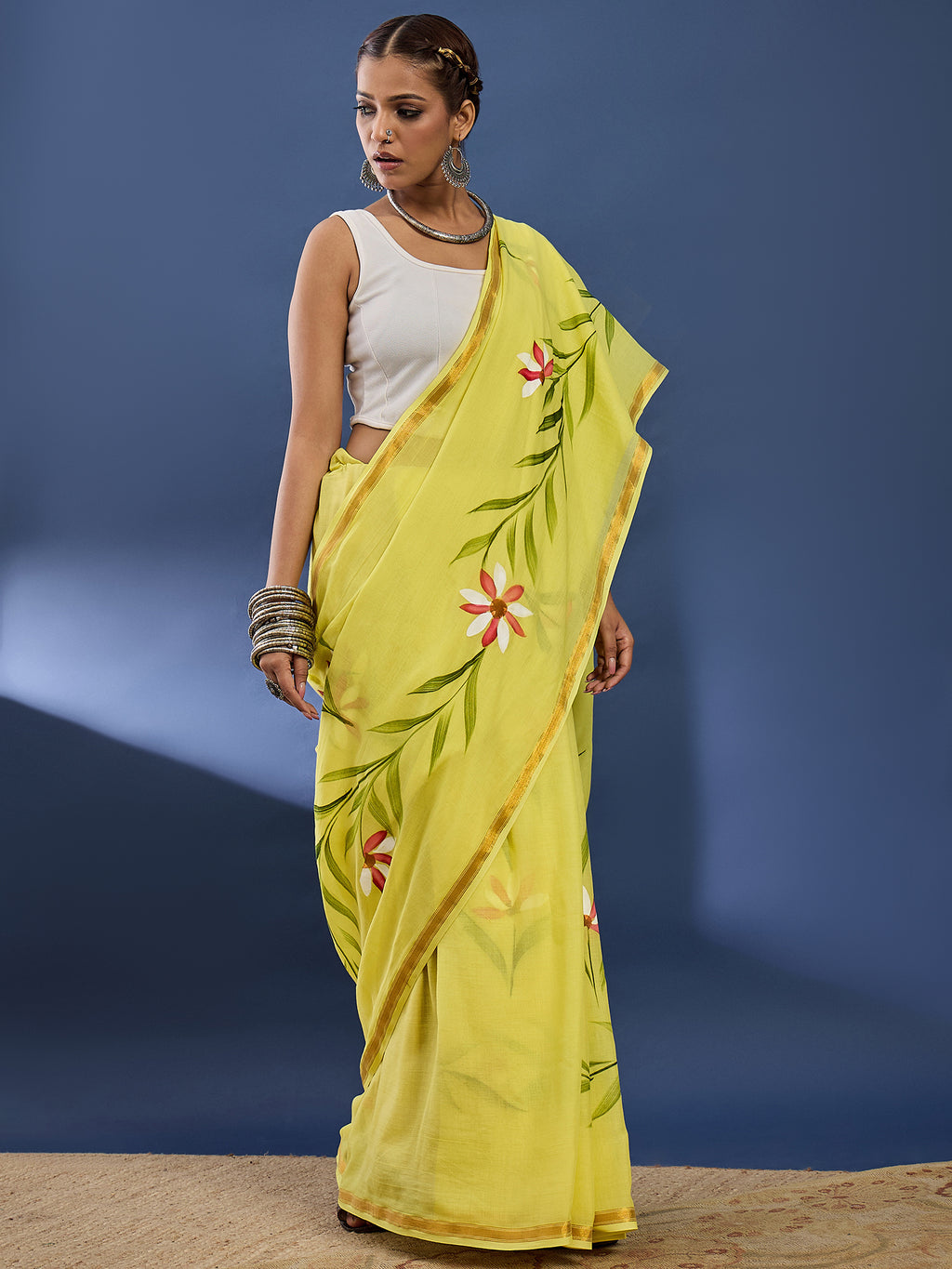 PANIHARI HAND PAINT3 SOFT MASLIN COTTON WITH HEVY ZARI BODAR YELLOW SAREE