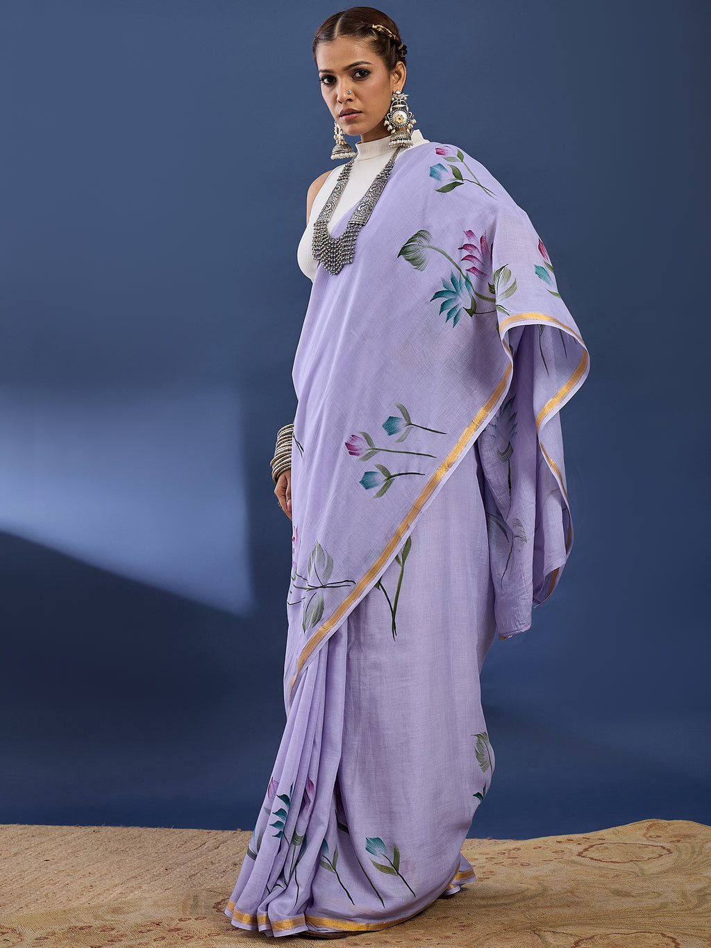 PANIHARI HAND PAINT5 SOFT MASLIN COTTON WITH HEVY ZARI BODAR PURPLE SAREE