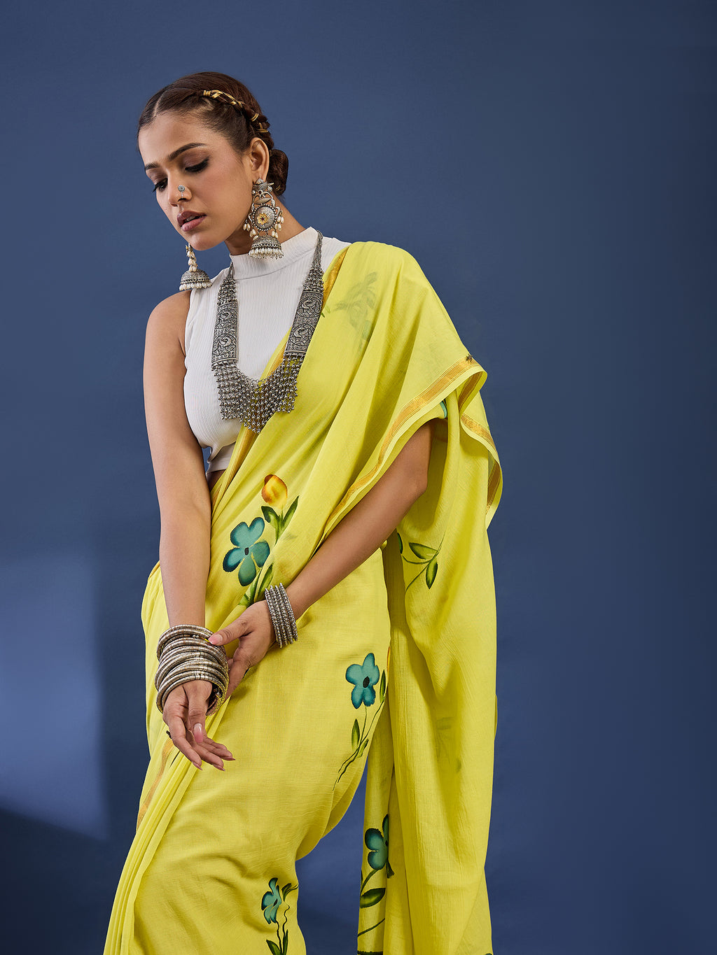 PANIHARI HAND PAINT6 SOFT MASLIN COTTON WITH HEVY ZARI BODAR YELLOW SAREE
