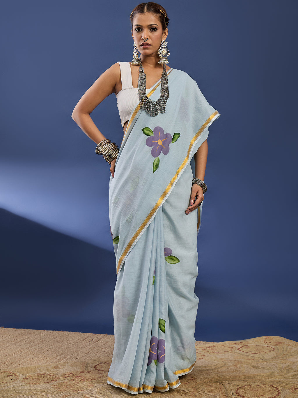 PANIHARI HAND PAINT7 SOFT MASLIN COTTON WITH HEVY ZARI BODAR GREY SAREE