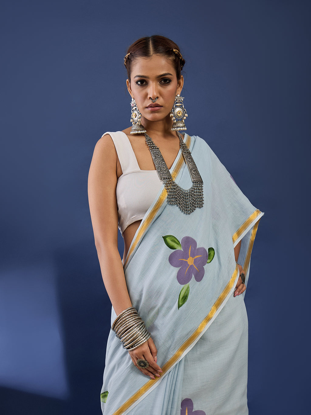 PANIHARI HAND PAINT7 SOFT MASLIN COTTON WITH HEVY ZARI BODAR GREY SAREE