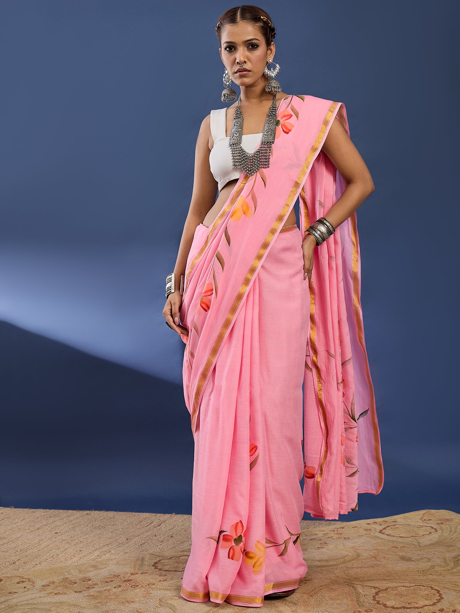 PANIHARI HAND PAINT8 SOFT MASLIN COTTON WITH HEVY ZARI BODAR PINK SAREE