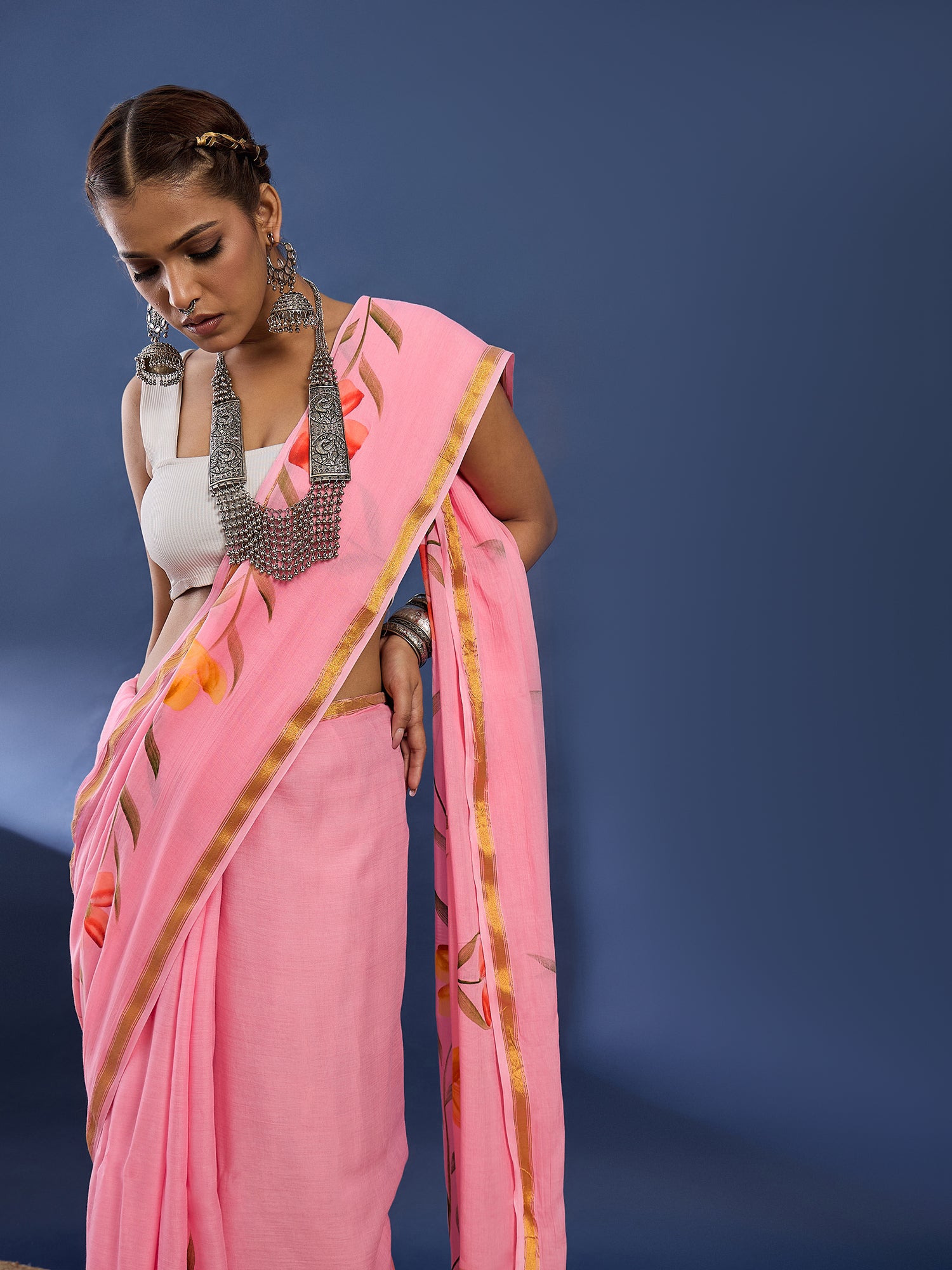 PANIHARI HAND PAINT8 SOFT MASLIN COTTON WITH HEVY ZARI BODAR PINK SAREE