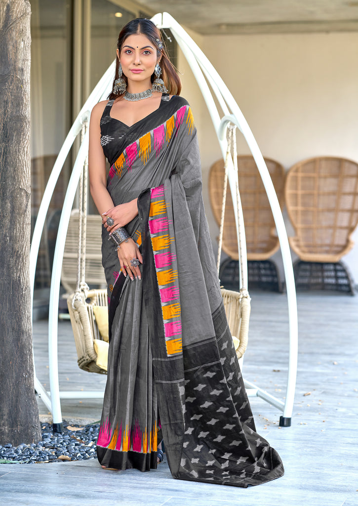 HANSHIKA PURE COTTON FANCY HAND BLOCK PRINT GREY SAREE