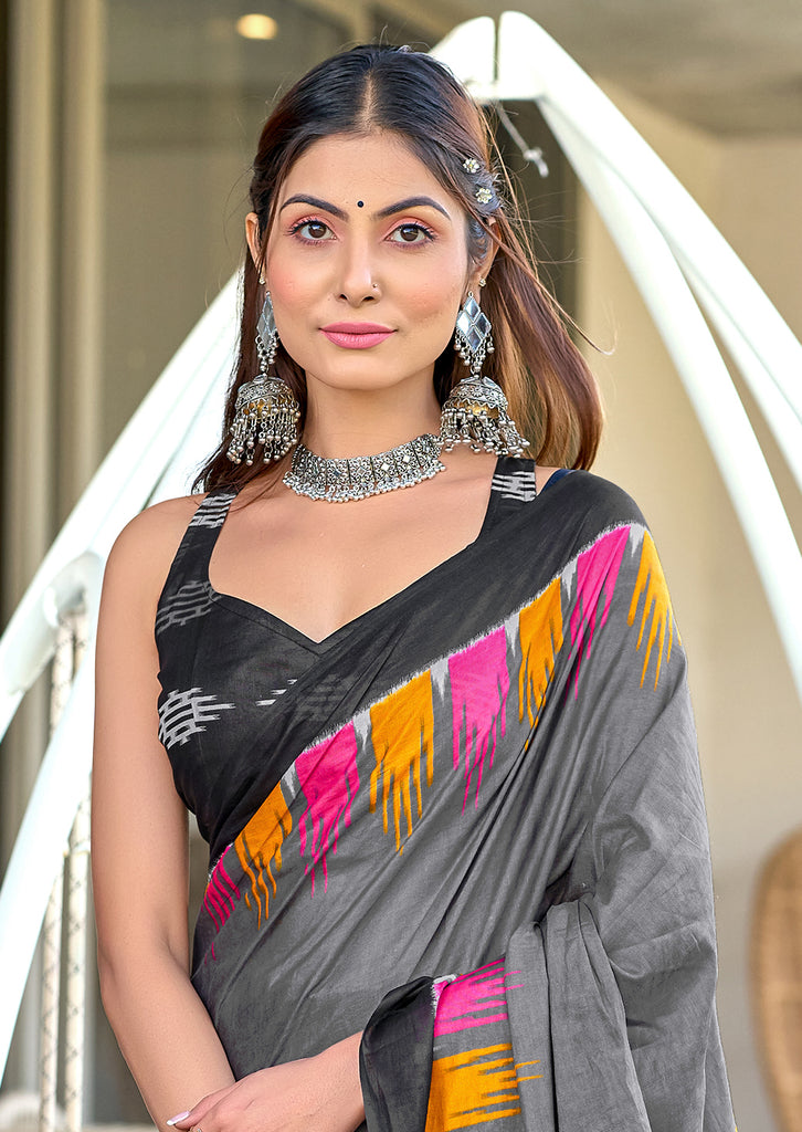 HANSHIKA PURE COTTON FANCY HAND BLOCK PRINT GREY SAREE