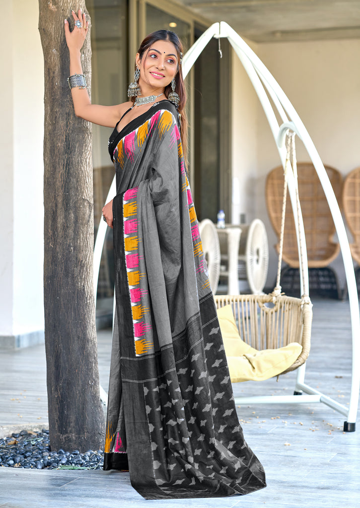 HANSHIKA PURE COTTON FANCY HAND BLOCK PRINT GREY SAREE