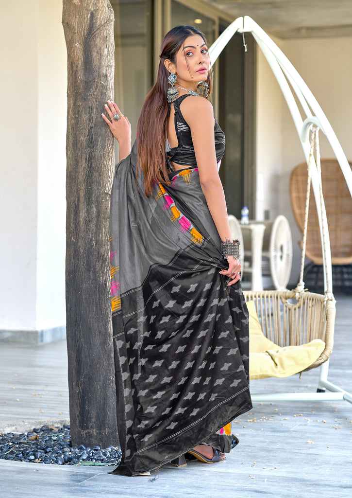 HANSHIKA PURE COTTON FANCY HAND BLOCK PRINT GREY SAREE