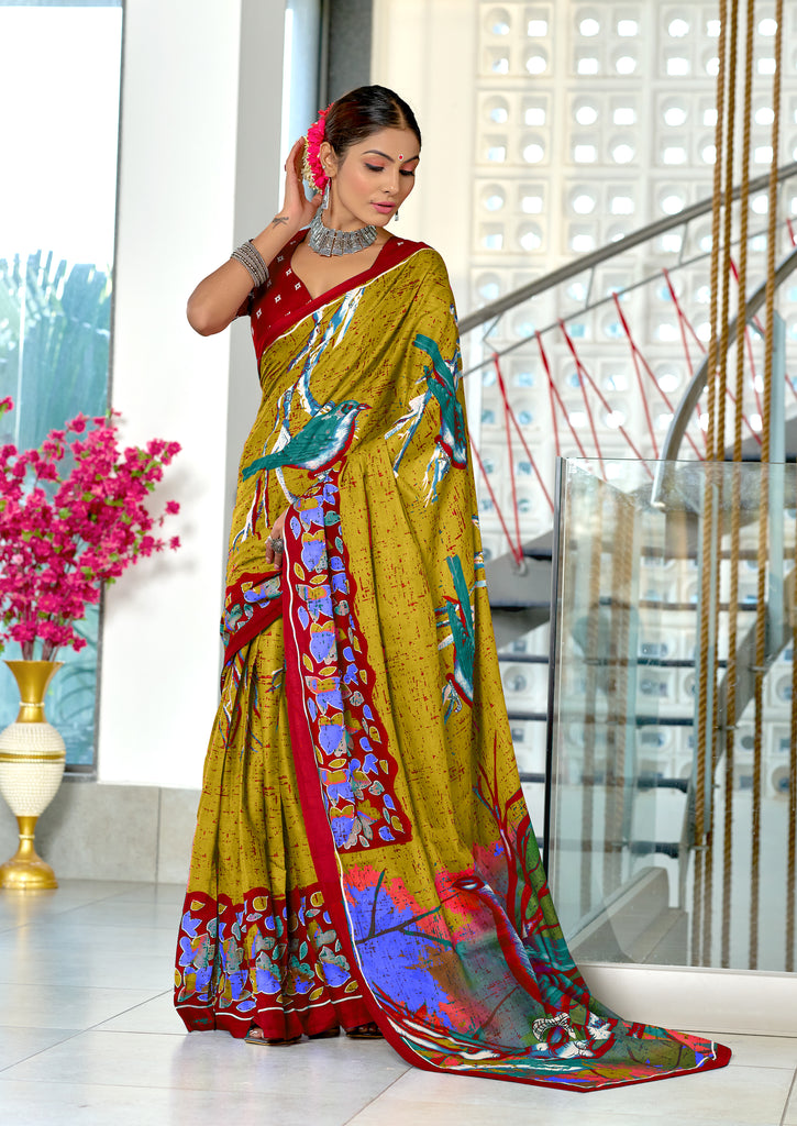 HERIAGE STYLE HAND PRINT MULMUL COTTON MULTICOLOR SAREE