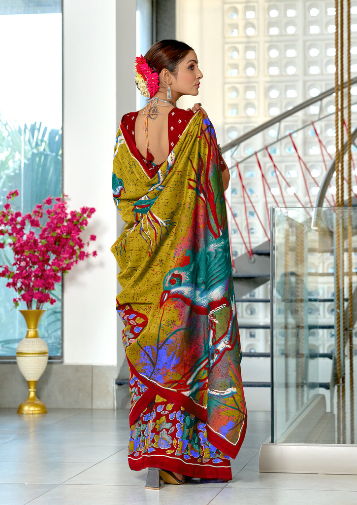 HERIAGE STYLE HAND PRINT MULMUL COTTON MULTICOLOR SAREE