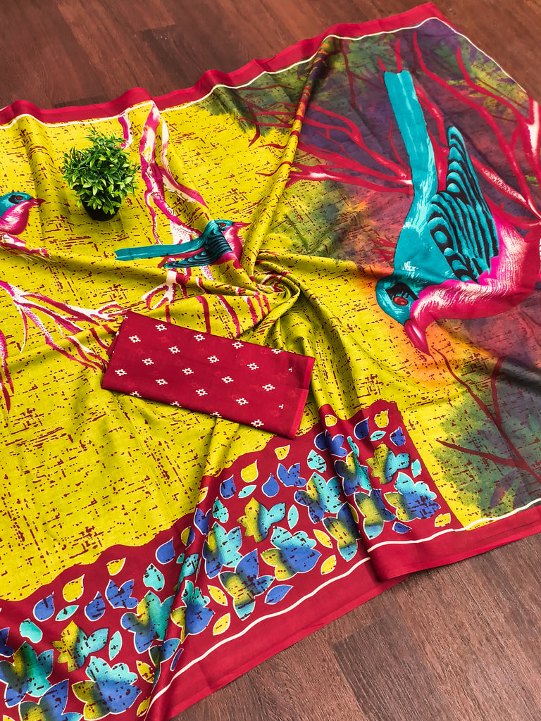 HERIAGE STYLE HAND PRINT MULMUL COTTON MULTICOLOR SAREE