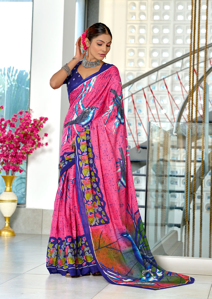 HERIAGE STYLE HAND PRINT MULMUL COTTON PINK SAREE