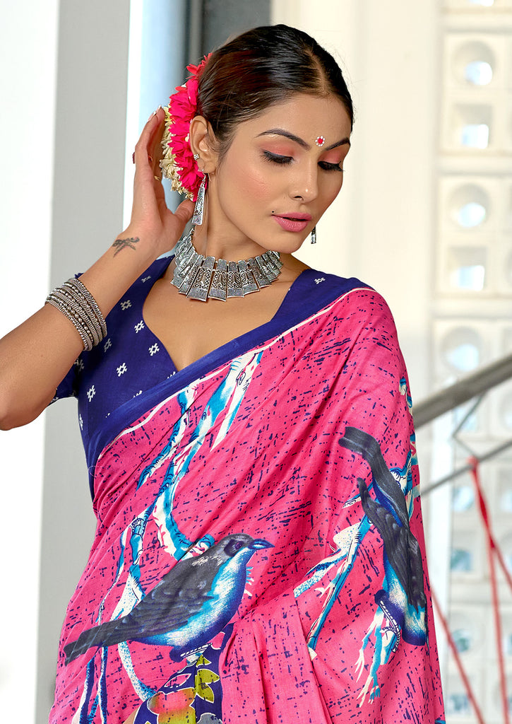 HERIAGE STYLE HAND PRINT MULMUL COTTON PINK SAREE