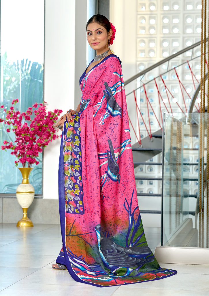HERIAGE STYLE HAND PRINT MULMUL COTTON PINK SAREE