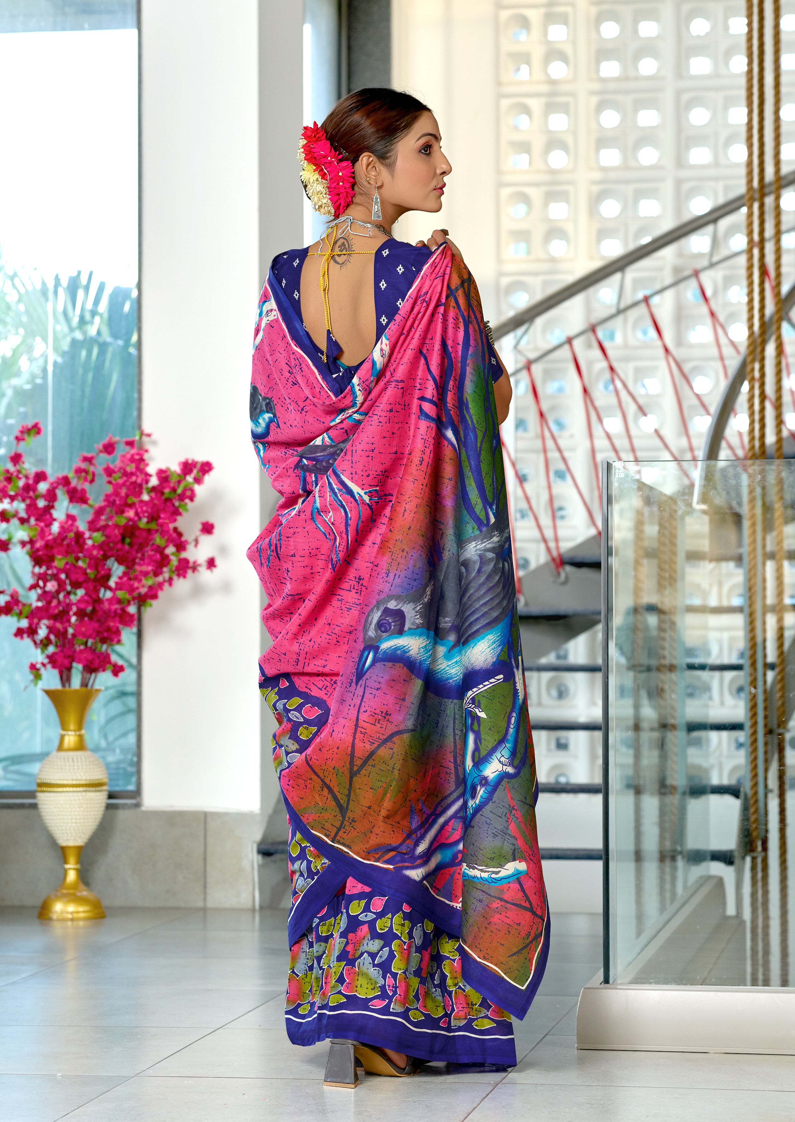 HERIAGE STYLE HAND PRINT MULMUL COTTON PINK SAREE