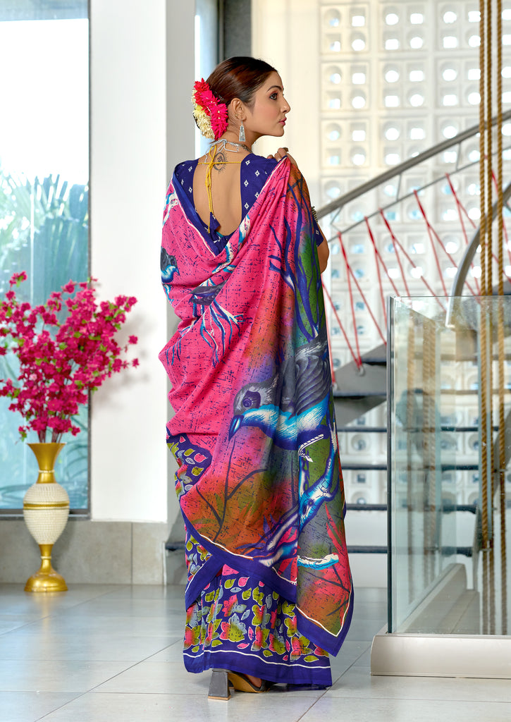 HERIAGE STYLE HAND PRINT MULMUL COTTON PINK SAREE