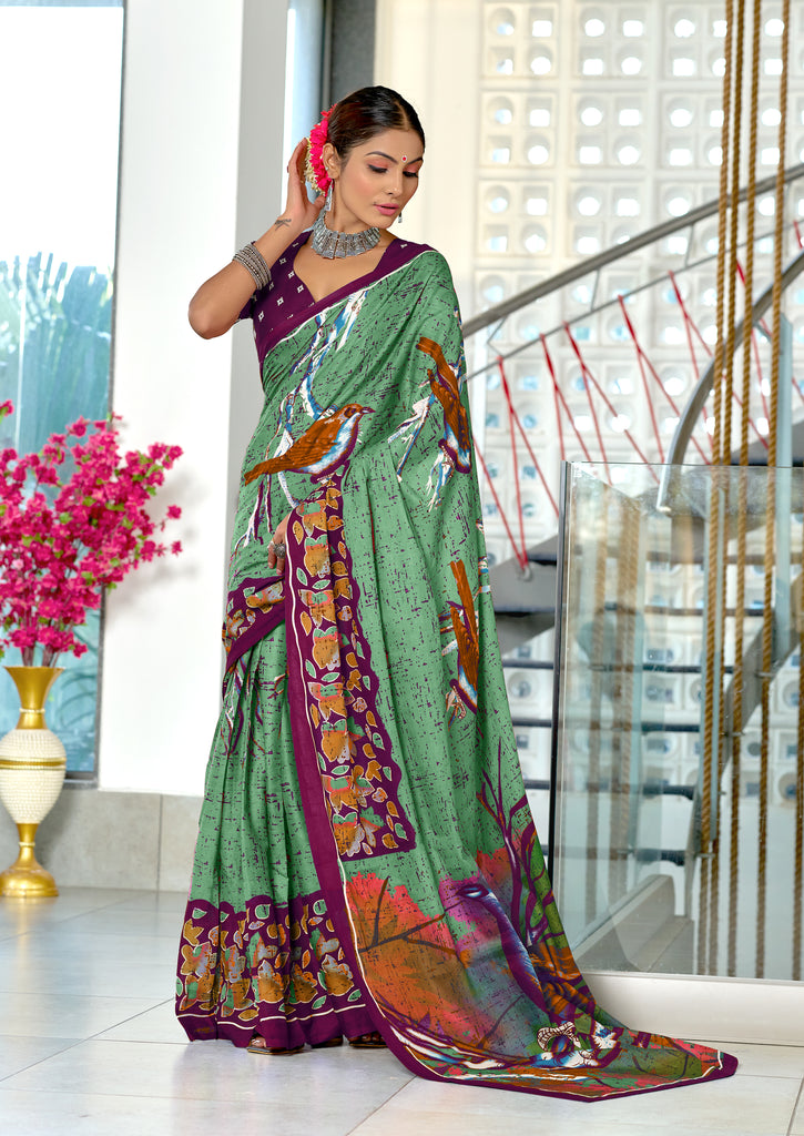 HERIAGE STYLE HAND PRINT MULMUL COTTON SAGA GREEN SAREE