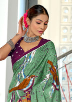 HERIAGE STYLE HAND PRINT MULMUL COTTON SAGA GREEN SAREE