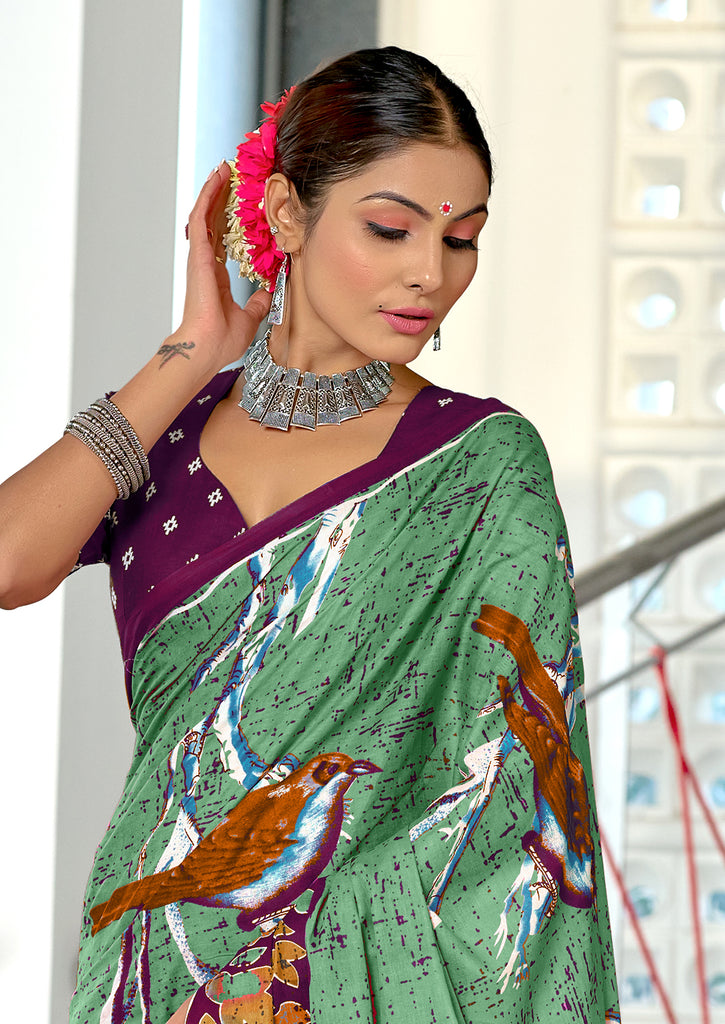 HERIAGE STYLE HAND PRINT MULMUL COTTON SAGA GREEN SAREE