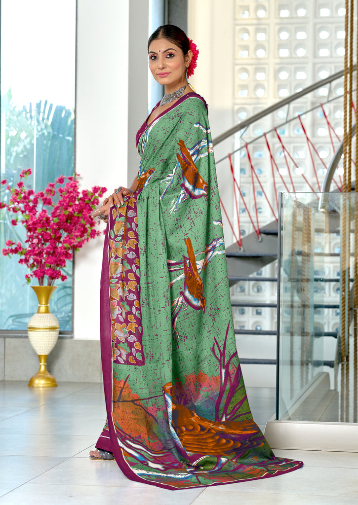 HERIAGE STYLE HAND PRINT MULMUL COTTON SAGA GREEN SAREE