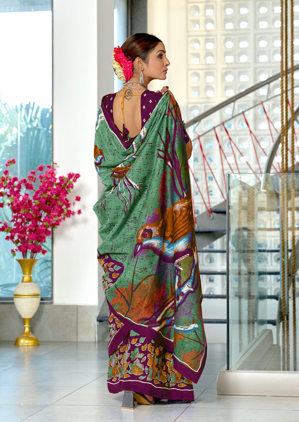 HERIAGE STYLE HAND PRINT MULMUL COTTON SAGA GREEN SAREE