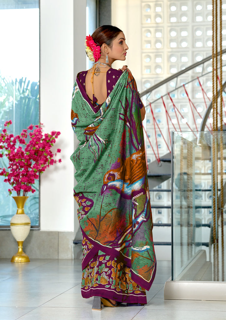 HERIAGE STYLE HAND PRINT MULMUL COTTON SAGA GREEN SAREE